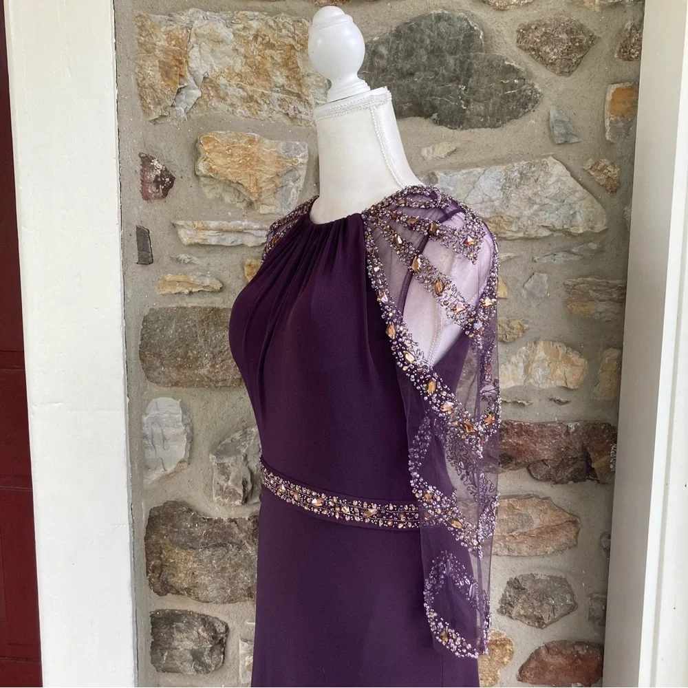 TERANI EVENING M1447 Embellished Beaded Jersey Sheer Sleeve Gown Womens 8 - Picture 7 of 16